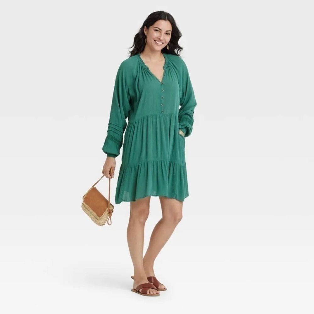 Know Rose Long Sleeve Boho Mini Dress Green